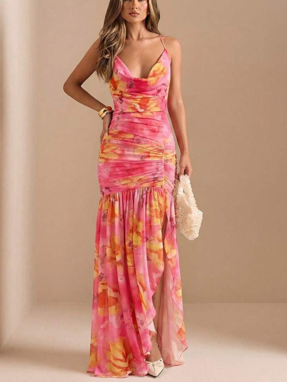 Pink and Yellow Floral Cowl Neck Maxi Dress
